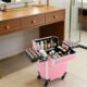 Pink Rolling Makeup Train Case Aluminum Cosmetic Trolley Case Professional Artist